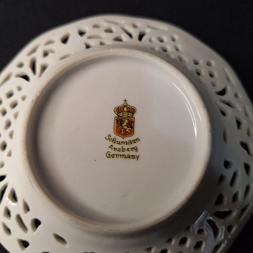 Schumann Arzberg Germany Reticulated Porcelain Nut Dish Rose Floral Gold Trim 5
